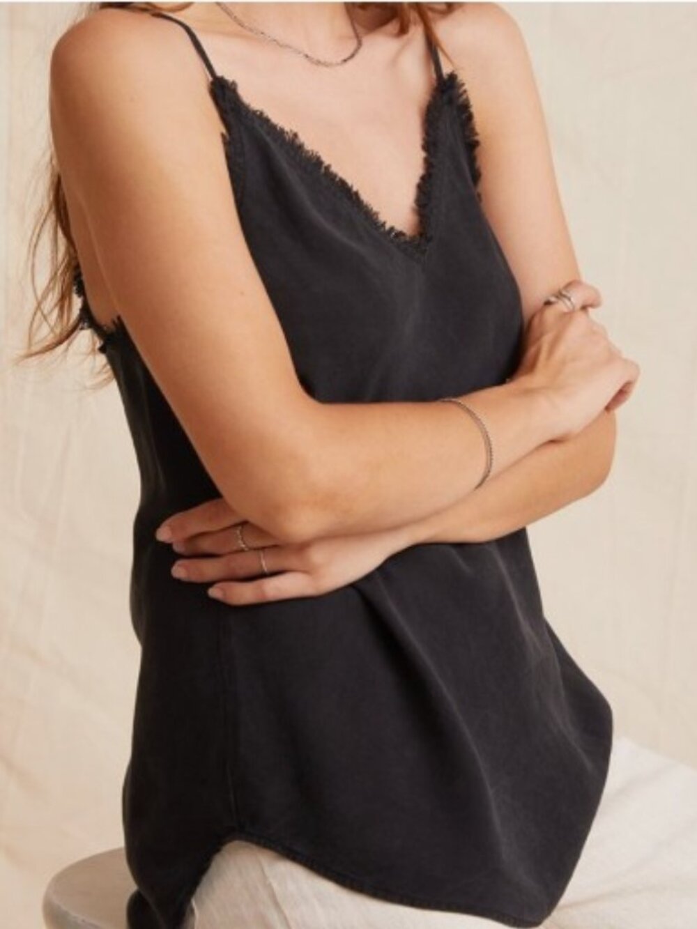 Bella Dahl Black Cami Tank Top Lyocell Fringe Boho Goth Size Medium